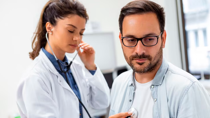 Médica ouvindo os batimentos cardíacos do paciente